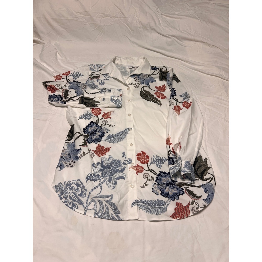 Chico's White Floral Button Down Shirt Long Sleeve Blue Red Size 2 US 12